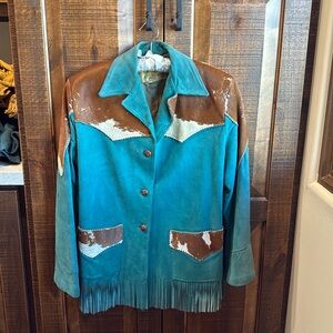 RARE Tregos Vintage Western Suit Turquoise Jacket with Cowhide